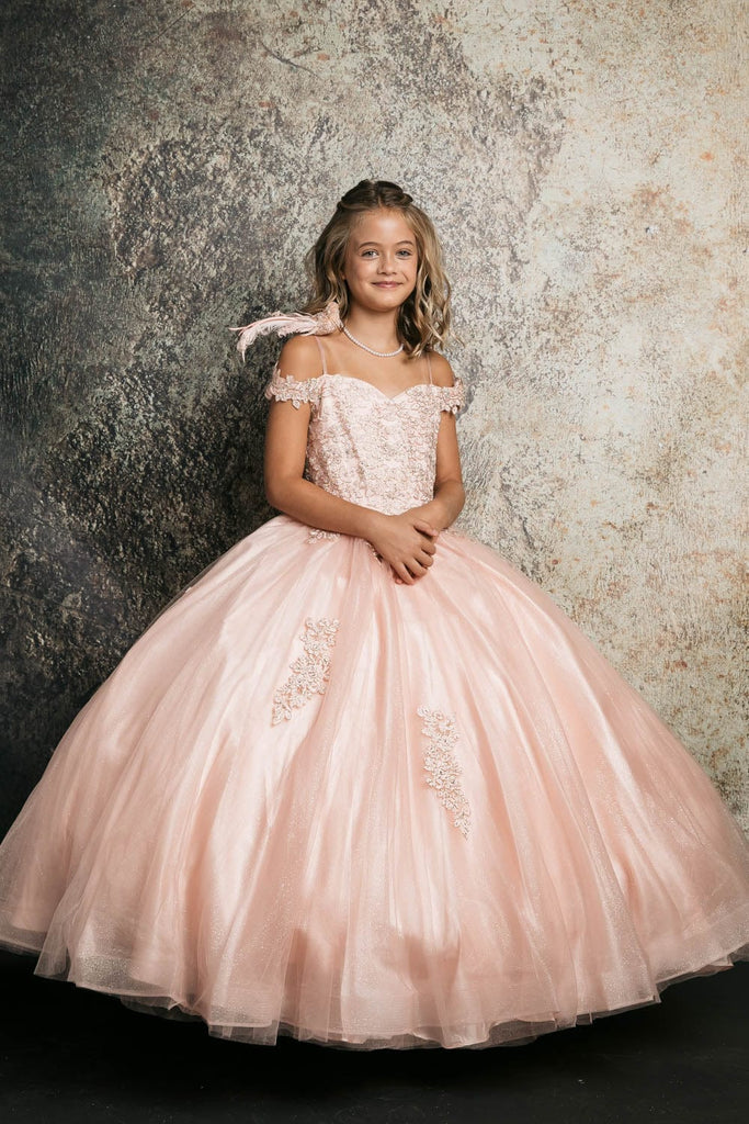 GIRLS LILAC EMBROIDERED BODICE OFF SHOULDER TULLE GOWN