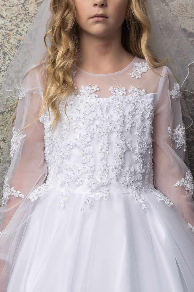 embroidered top with embroidered sleeves with tulle skirt