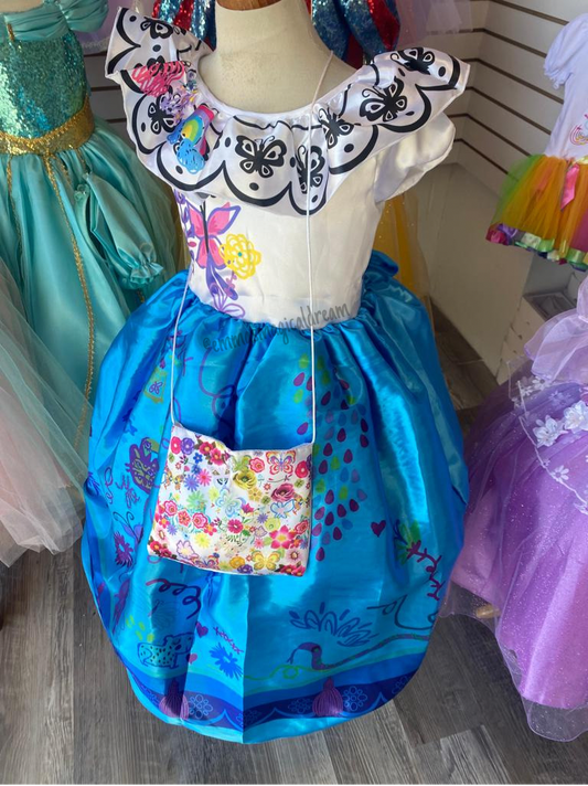 Emmas Magical Dream, Maribel dress with purse, blue skirt with white bodice and colorful designs