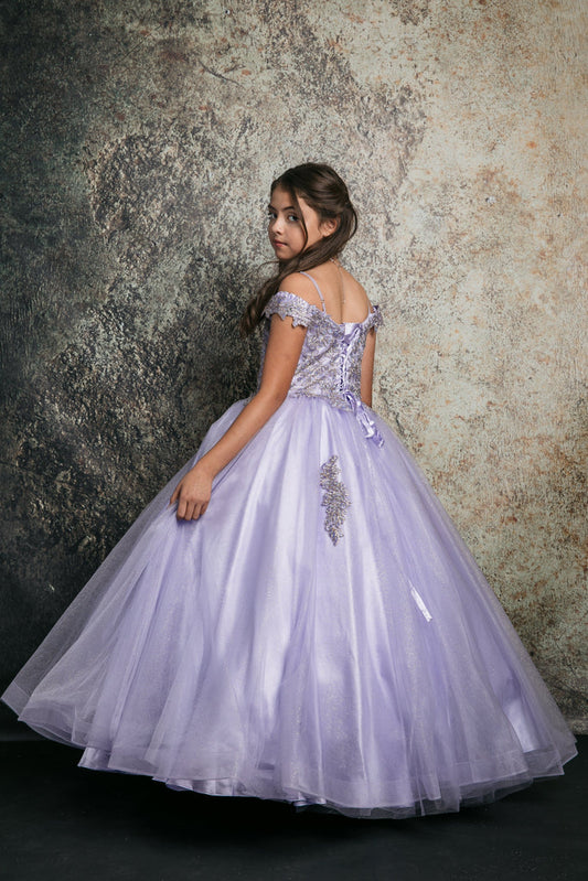 GIRLS LILAC EMBROIDERED BODICE OFF SHOULDER TULLE GOWN