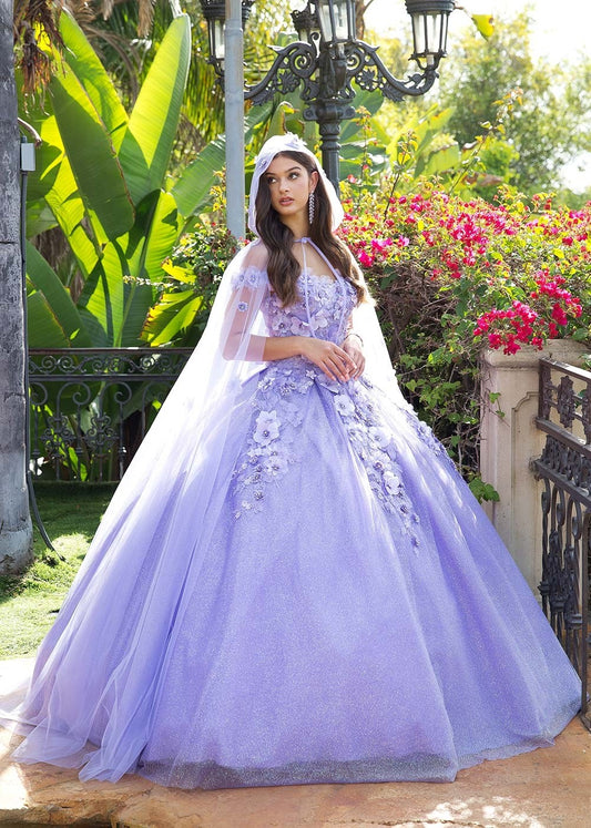 3D flower Off Shoulder Embroider Dress with Cape.  - Off Shoulder - Wedding, Special Occasion - Mini Quince Dress - Lower back hidden zipper, lace up - Sweetheart Neckline - Embroider bodice with some embroider pattern on tulle skirt - Glitter Tulle Skirt - Colors: Hunter green, Lilac - Sizes: XS-3XL - 
